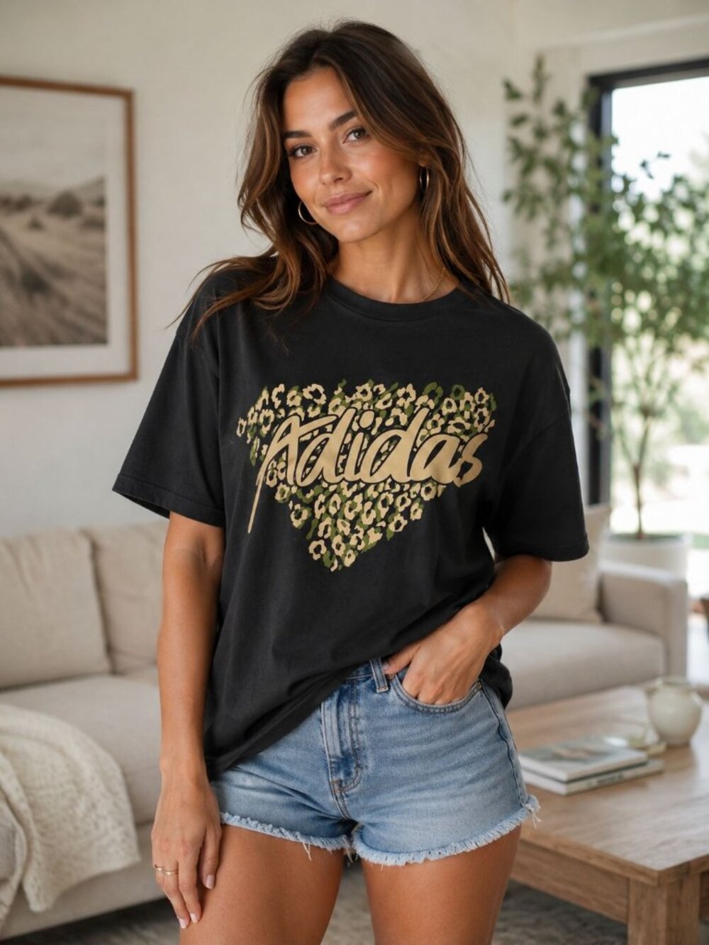 Adidas Cheetah Print size XL Women's Black T-shirt